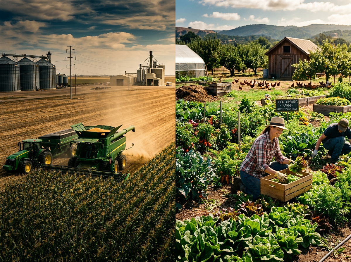 Combine harvester working on industrial corn farm next to small organic vegetable garden with people harvesting