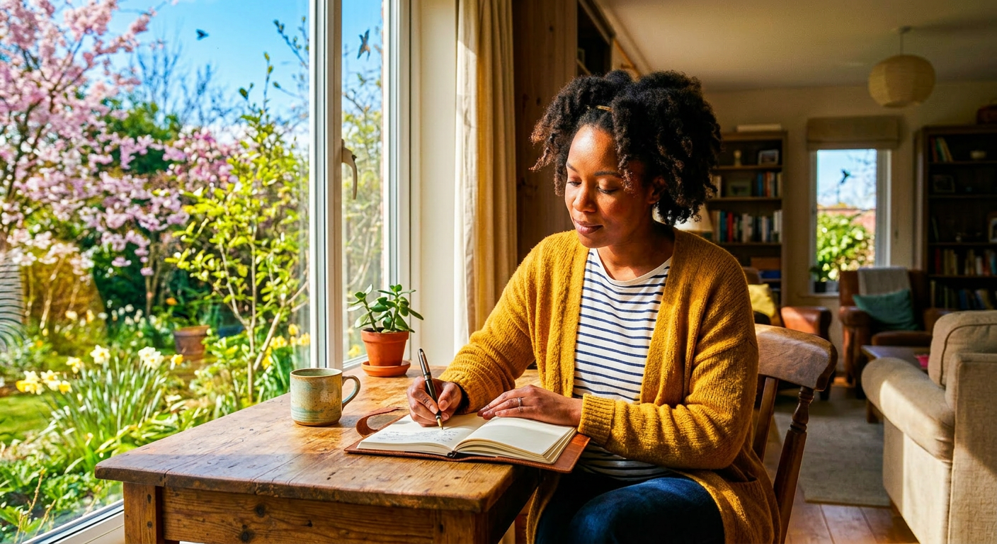 Woman writing in journal by window with garden view