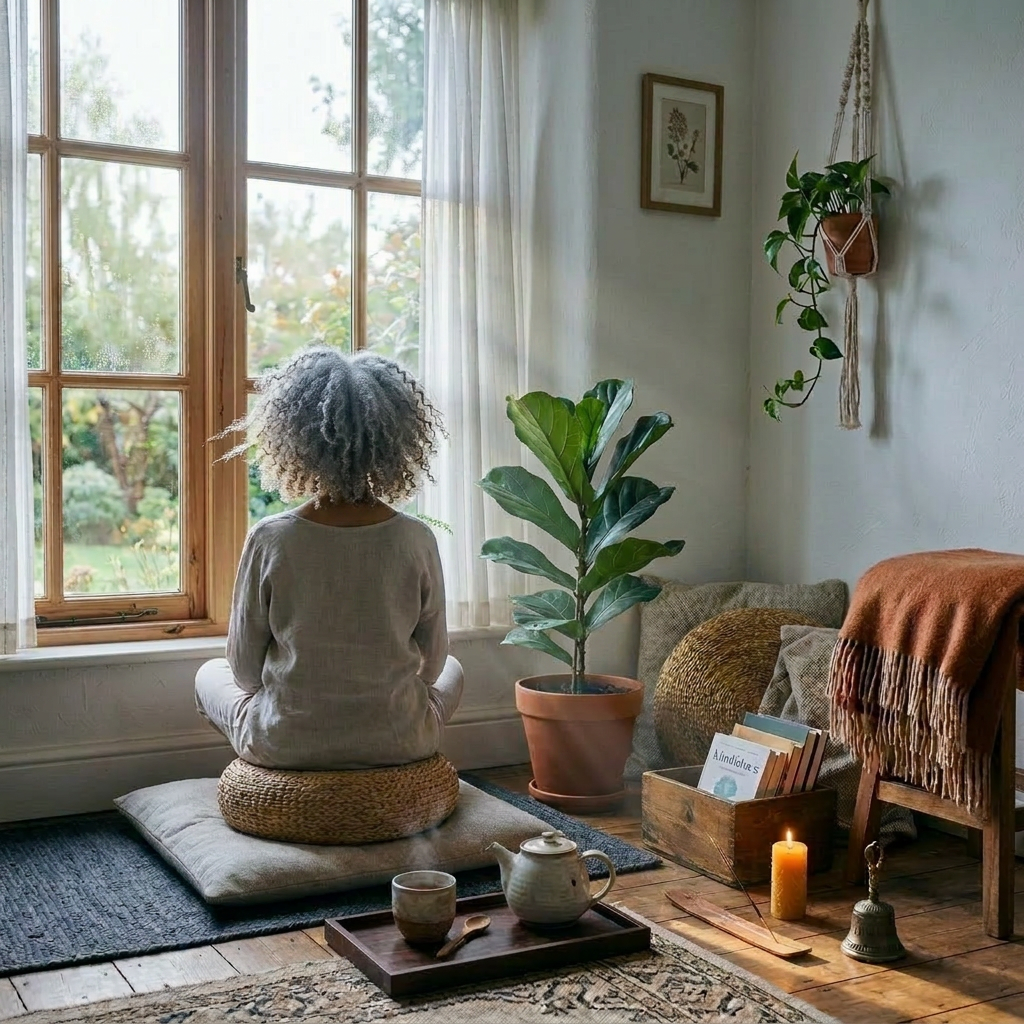 Meditation area with cushions, plants, teapot, candle, and books near window