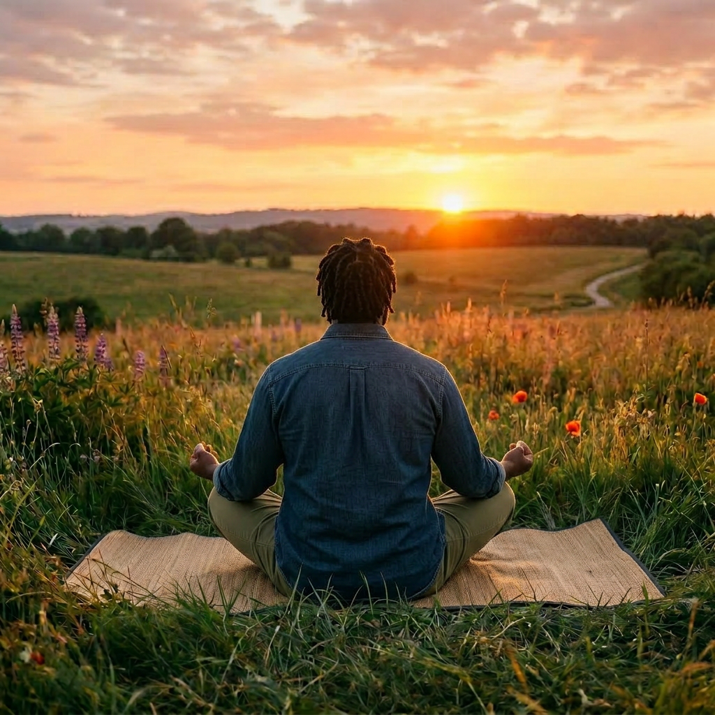 Man sitting cross-legged meditating on a mat in a field at sunset with a dog lying beside him