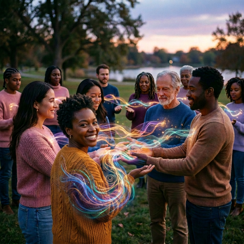 Diverse group standing in a circle outdoors with glowing colorful light streams between their hands