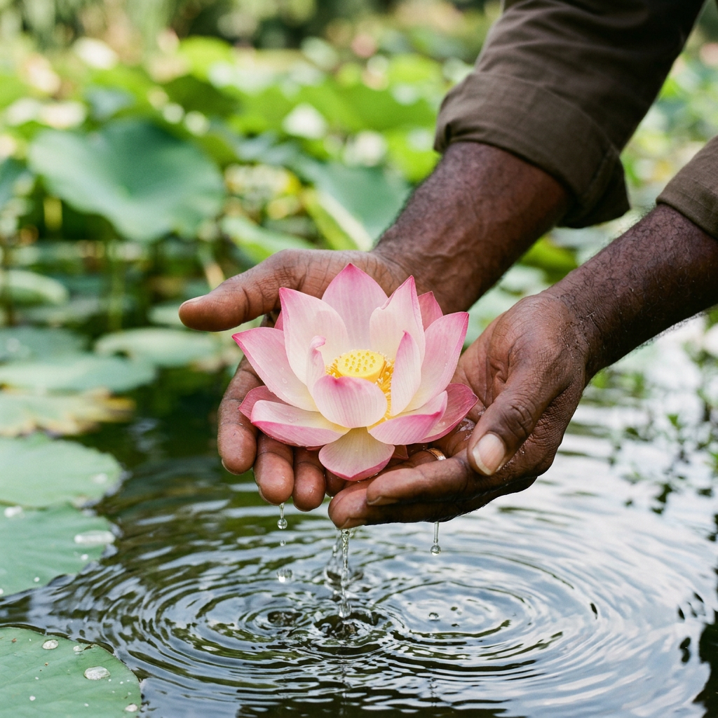 Cupped hands holding a pink lotus flower with a yellow center
