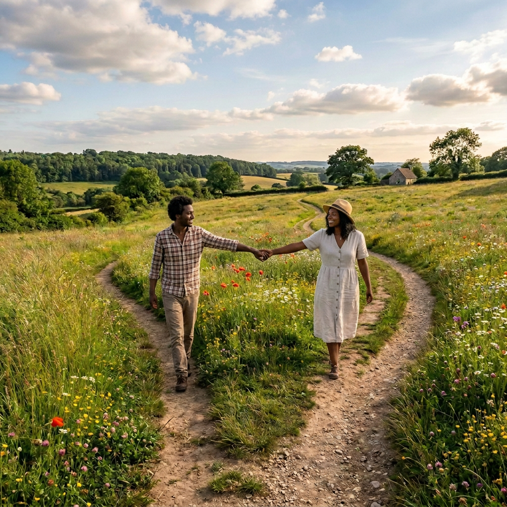 Two people walking along a trail through a wildflower meadow