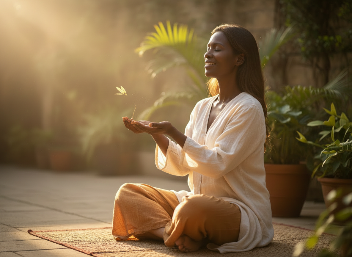 Edit the existing featured image while preserving its overall composition, visual style, colors, lighting, typography, and inspirational mood. Replace the woman with a beautiful mature Black woman, portrayed with warmth, dignity, confidence, and natural elegance. Keep the image suitable as a landscape featured image for the article “What If the Good Is Already Here?”
